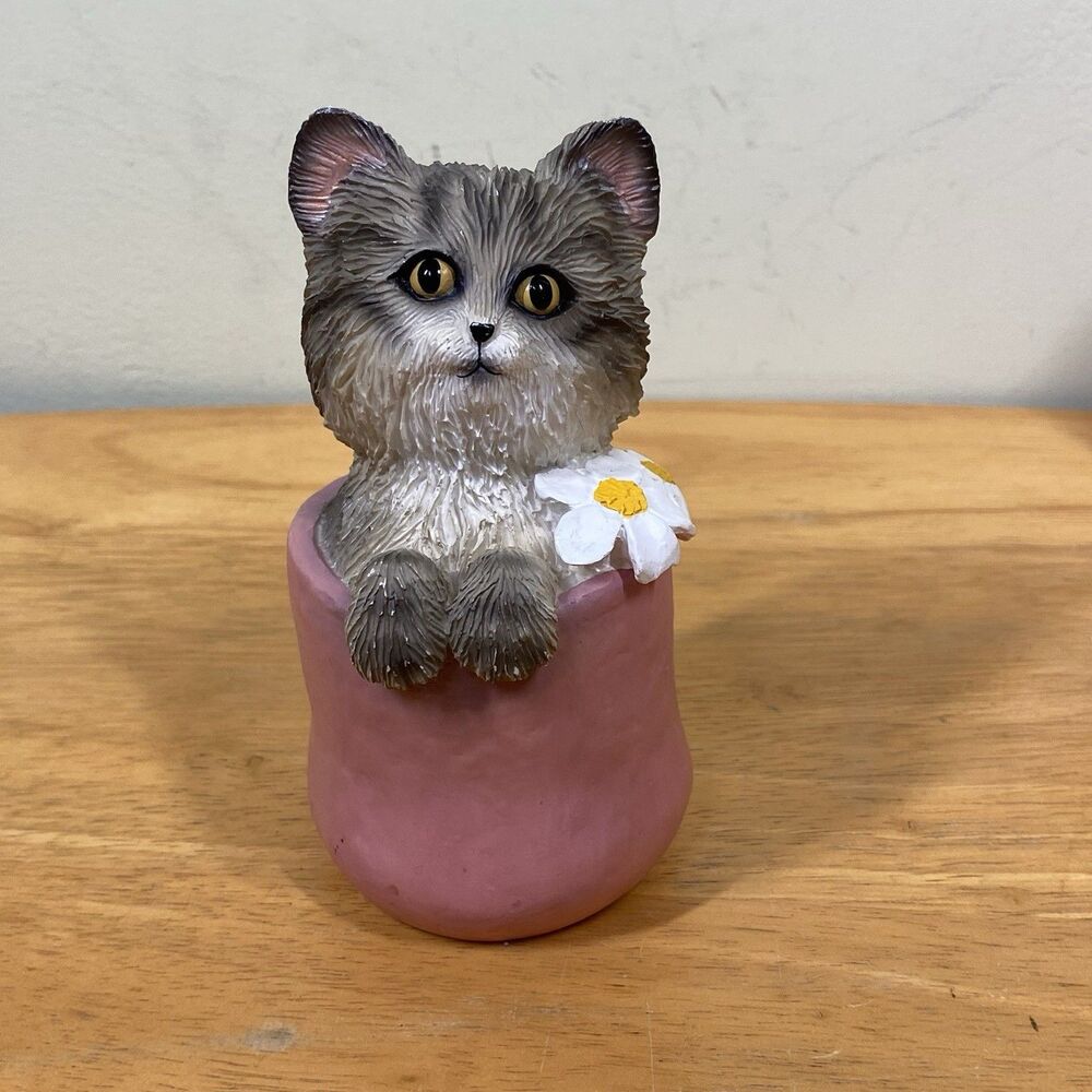 Vtg Silver Tabby Cat Playful in a Pot Collectible Figurine - My Kitty Collection
